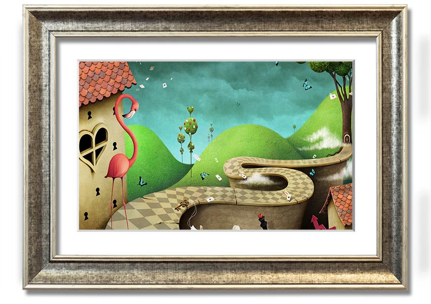 Framed print of Alice In Wonderland Road, showcasing vibrant colors and whimsical design, ready to hang.