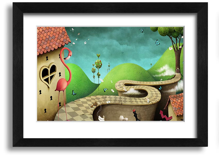 Framed print of Alice In Wonderland Road, showcasing vibrant colors and whimsical design, ready to hang.