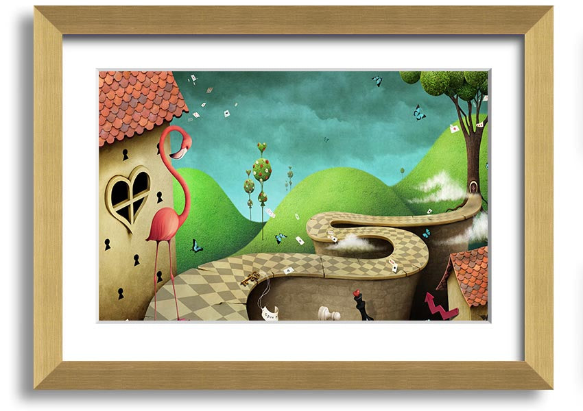 Framed print of Alice In Wonderland Road, showcasing vibrant colors and whimsical design, ready to hang.