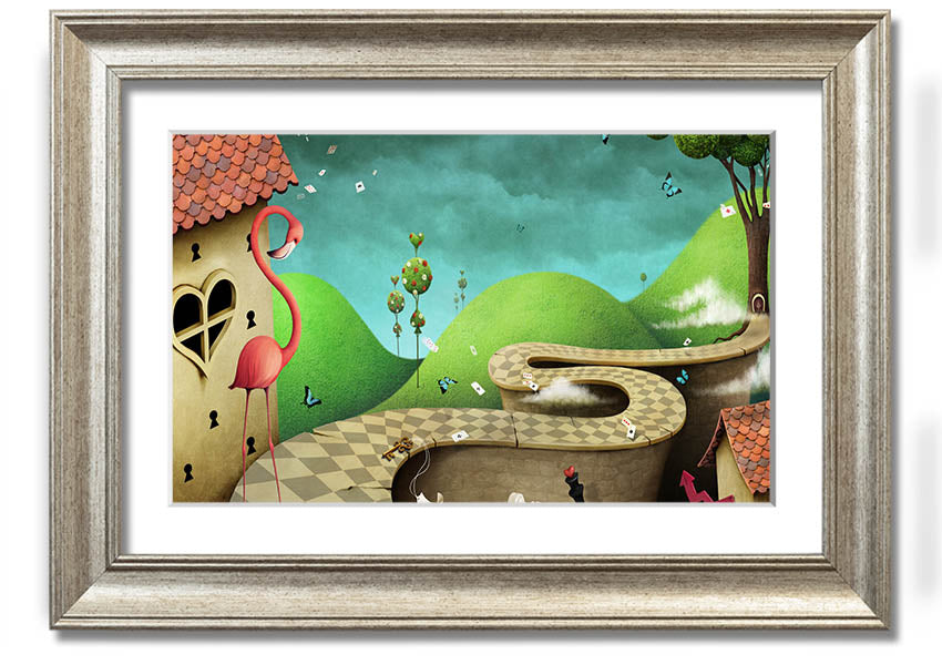 Framed print of Alice In Wonderland Road, showcasing vibrant colors and whimsical design, ready to hang.