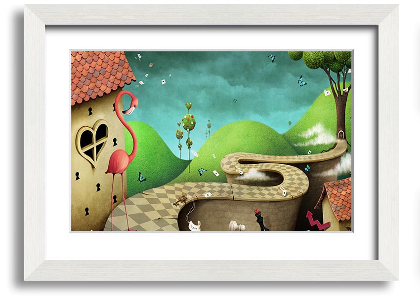 Framed print of Alice In Wonderland Road, showcasing vibrant colors and whimsical design, ready to hang.