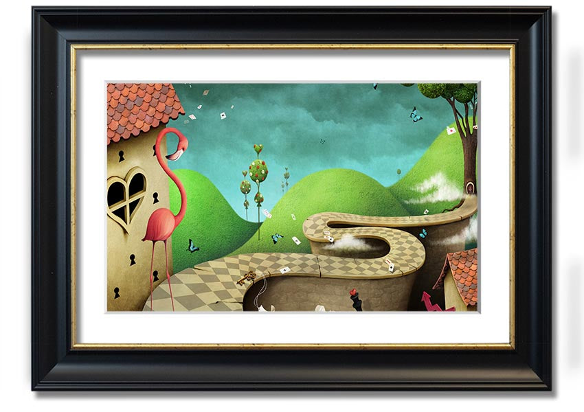 Framed print of Alice In Wonderland Road, showcasing vibrant colors and whimsical design, ready to hang.