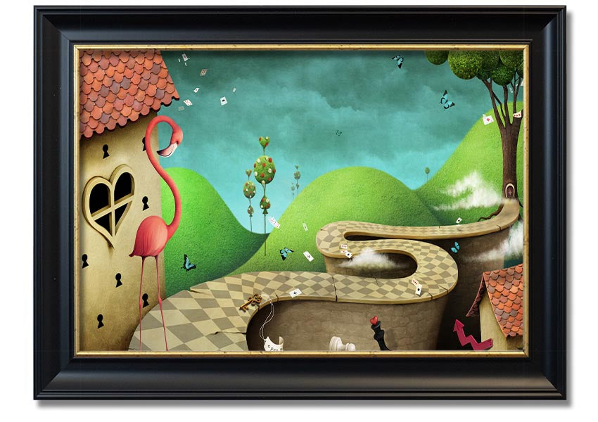 Framed print of Alice In Wonderland Road, showcasing vibrant colors and whimsical design, ready to hang.