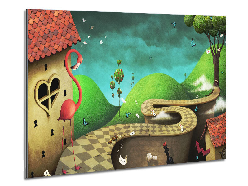 Alice In Wonderland Road art print on brushed aluminium dibond, featuring vibrant colors and whimsical design.