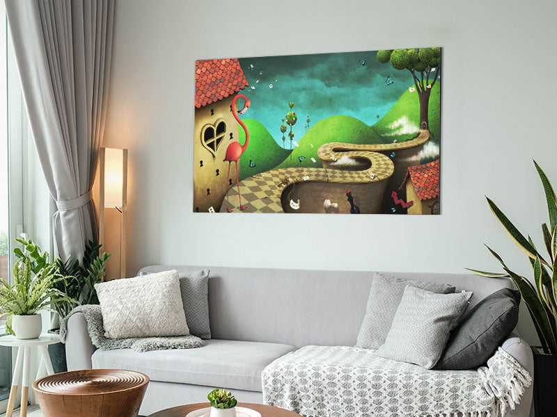 Alice In Wonderland Road art print on brushed aluminium dibond, featuring vibrant colors and whimsical design.