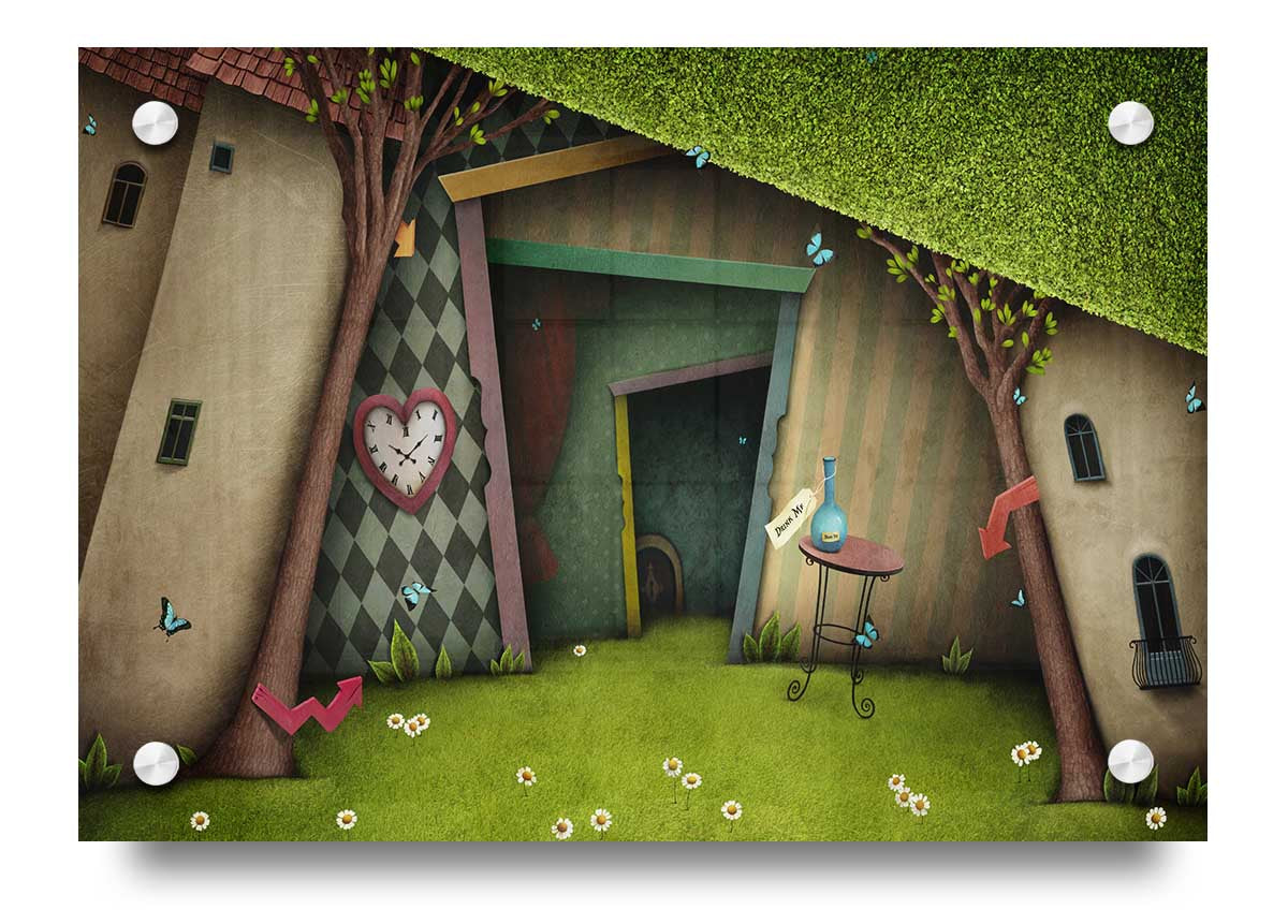 Alice In Wonderland The Small Door acrylic print on 5mm thick acrylic glass, featuring vibrant colors and whimsical design.