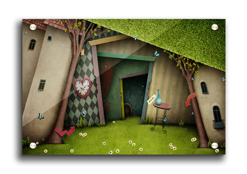 Alice In Wonderland The Small Door acrylic print on 5mm thick acrylic glass, featuring vibrant colors and whimsical design.