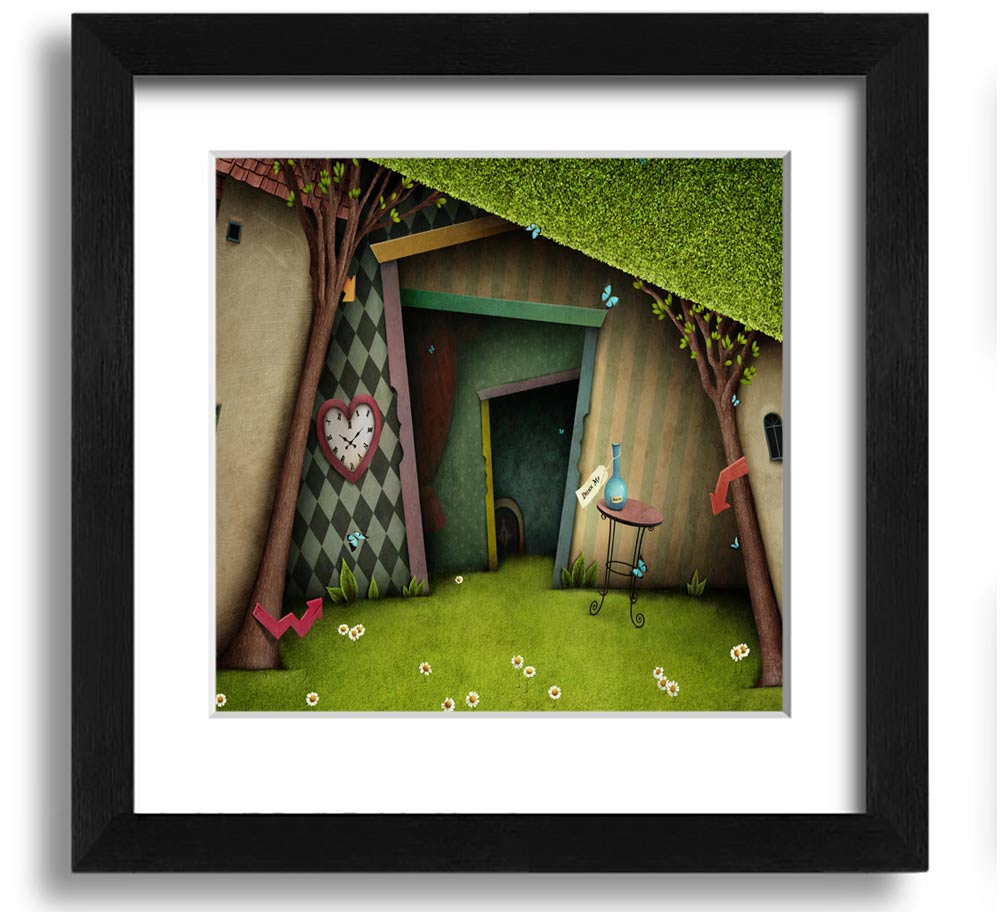 Alice In Wonderland The Small Door Square Framed Print, featuring vibrant colors and intricate details, ready to hang.