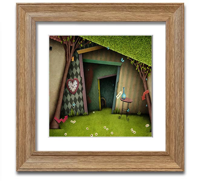 Alice In Wonderland The Small Door Square Framed Print, featuring vibrant colors and intricate details, ready to hang.