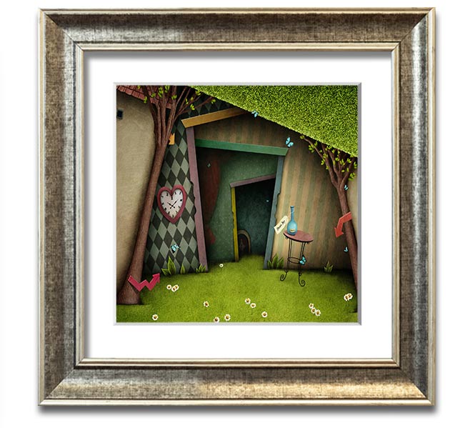 Alice In Wonderland The Small Door Square Framed Print, featuring vibrant colors and intricate details, ready to hang.