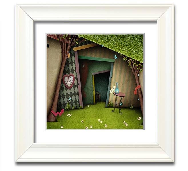 Alice In Wonderland The Small Door Square Framed Print, featuring vibrant colors and intricate details, ready to hang.