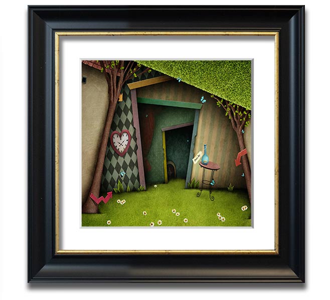 Alice In Wonderland The Small Door Square Framed Print, featuring vibrant colors and intricate details, ready to hang.