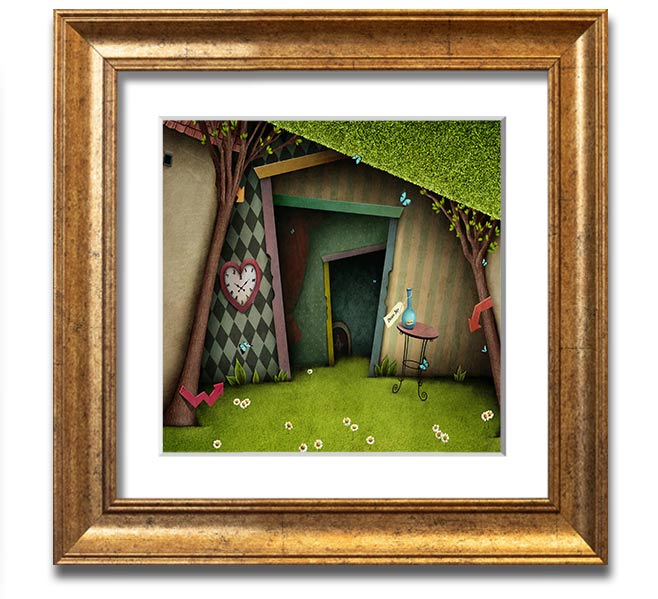 Alice In Wonderland The Small Door Square Framed Print, featuring vibrant colors and intricate details, ready to hang.