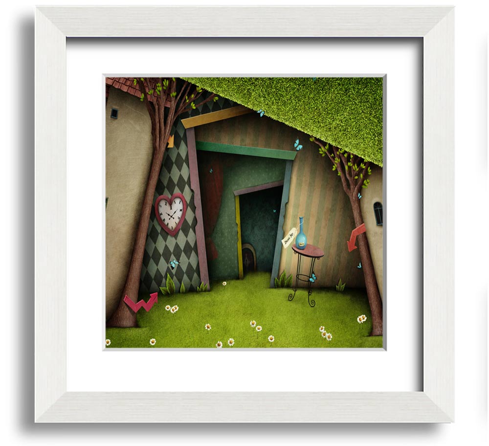 Alice In Wonderland The Small Door Square Framed Print, featuring vibrant colors and intricate details, ready to hang.