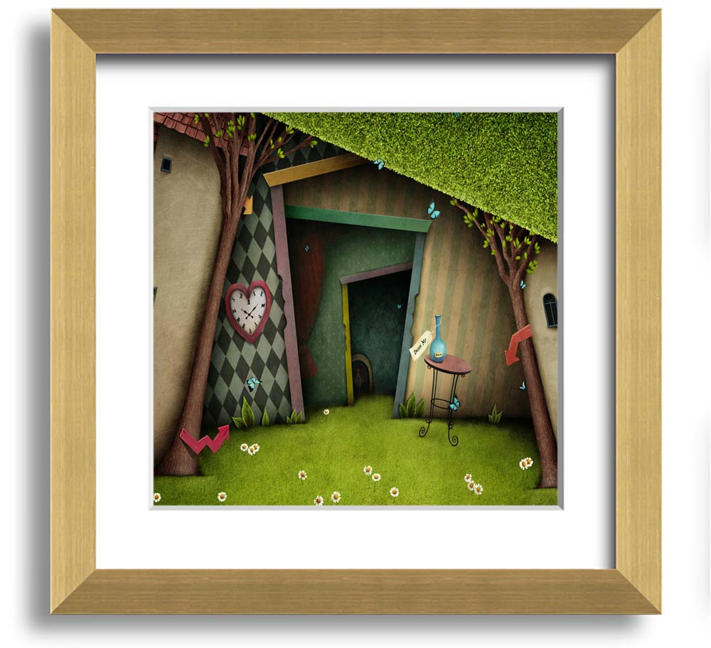 Alice In Wonderland The Small Door Square Framed Print, featuring vibrant colors and intricate details, ready to hang.