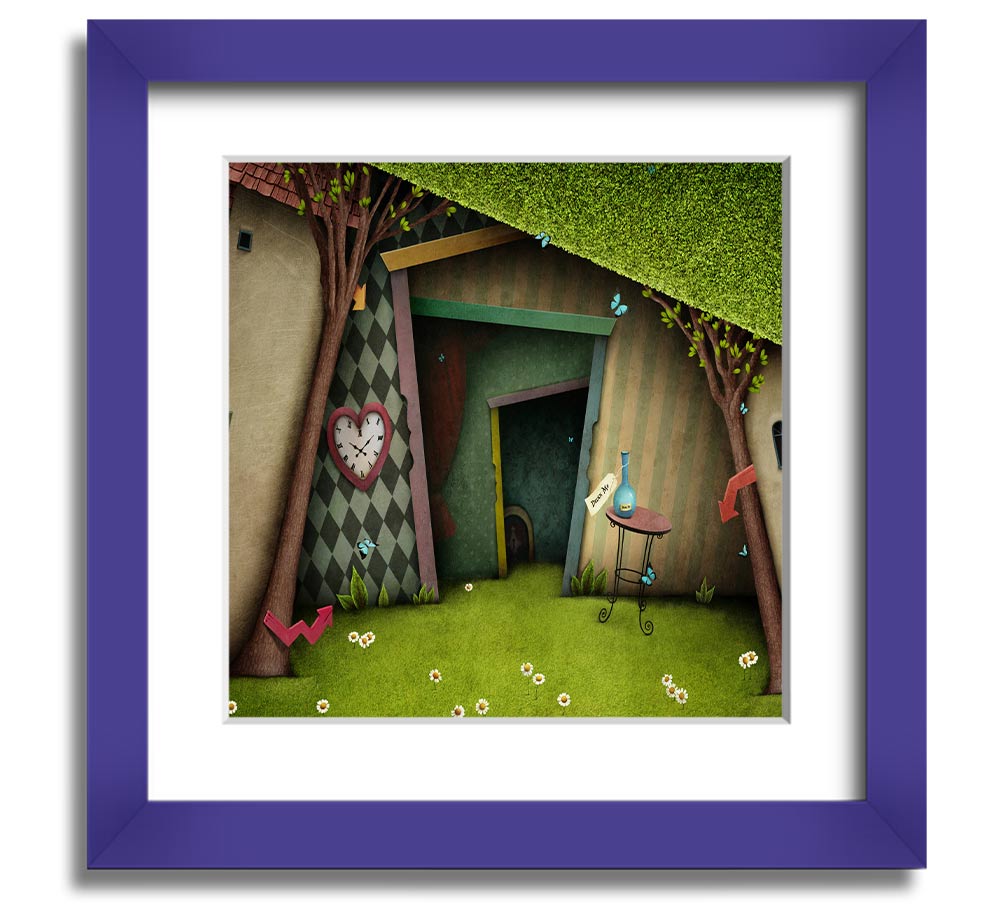 Alice In Wonderland The Small Door Square Framed Print, featuring vibrant colors and intricate details, ready to hang.