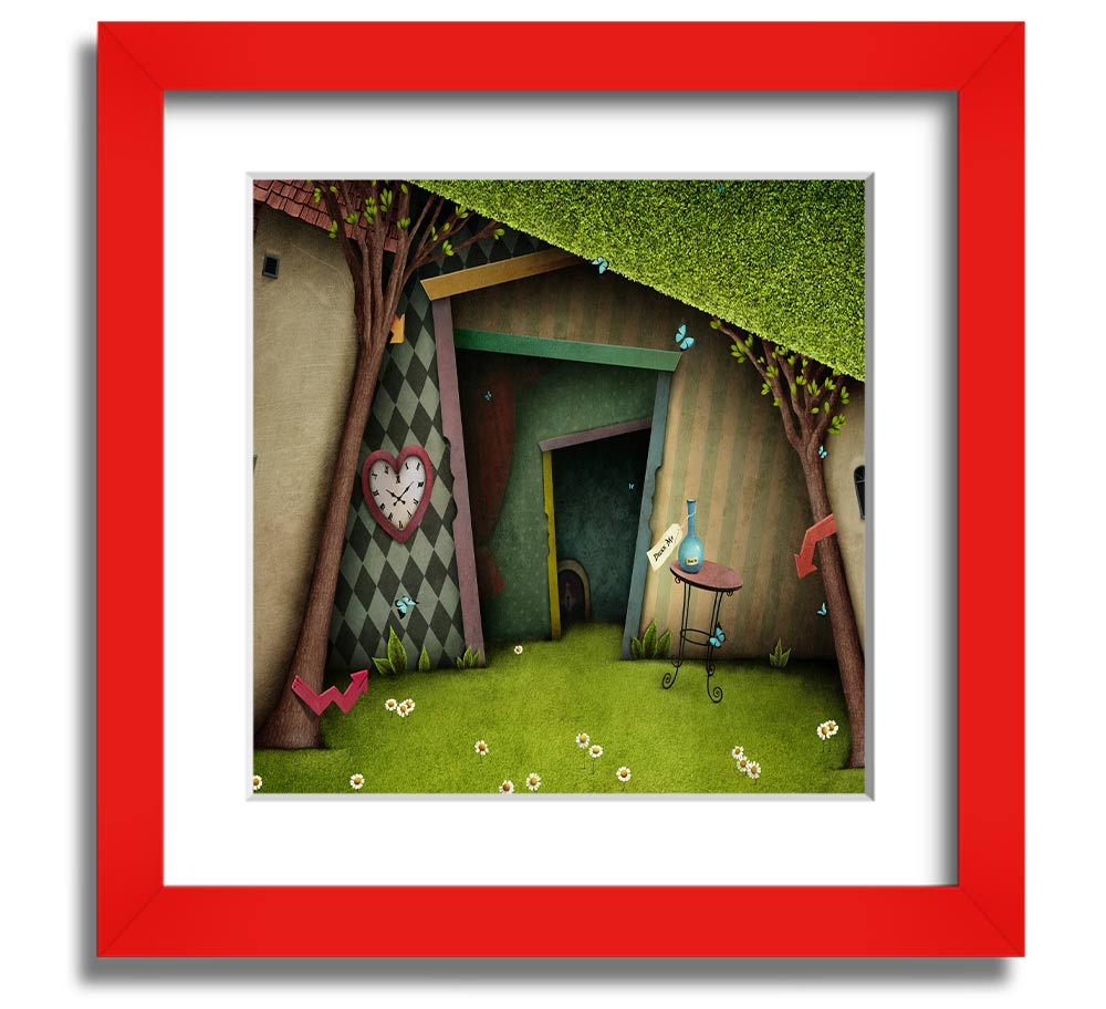 Alice In Wonderland The Small Door Square Framed Print, featuring vibrant colors and intricate details, ready to hang.