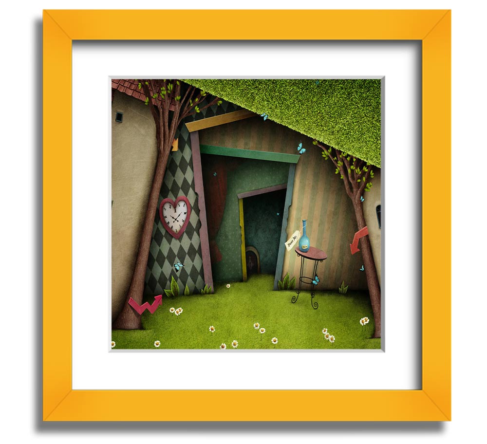 Alice In Wonderland The Small Door Square Framed Print, featuring vibrant colors and intricate details, ready to hang.