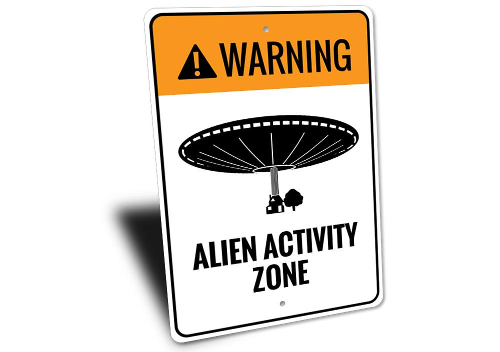 A colorful Alien Activity Zone Sign made of durable aluminum, featuring playful alien graphics, perfect for children's rooms.