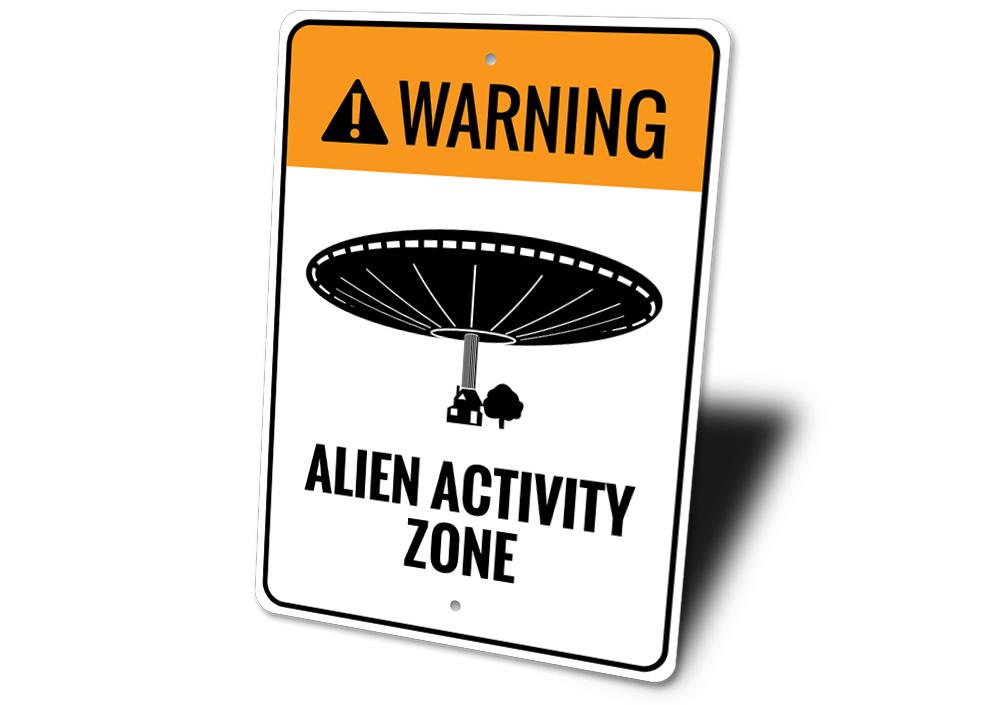 A colorful Alien Activity Zone Sign made of durable aluminum, featuring playful alien graphics, perfect for children's rooms.