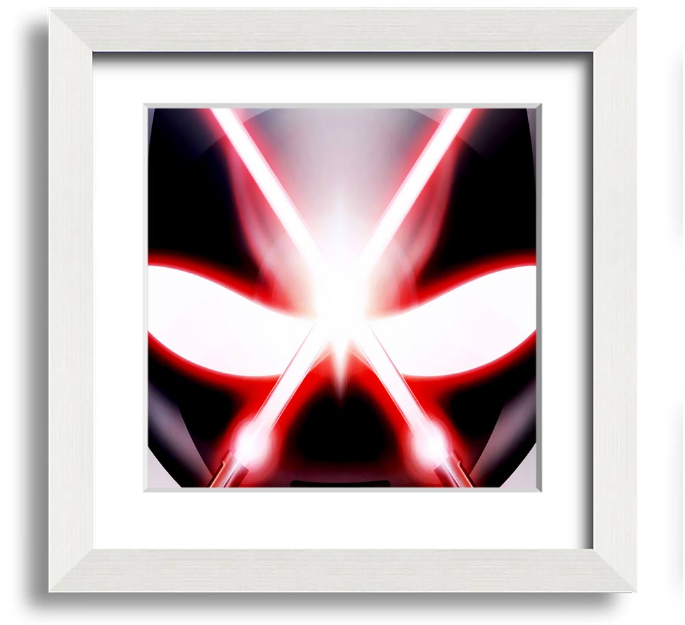 A square framed print featuring an abstract design of alien eyes, available in various frame colors, ready to hang.