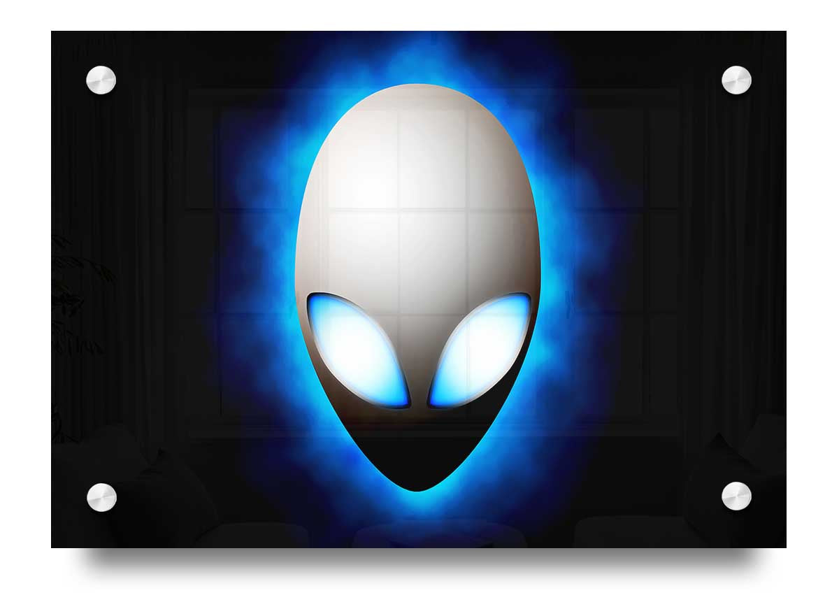 A vibrant blue acrylic print featuring an alien face design, showcasing modern art style.