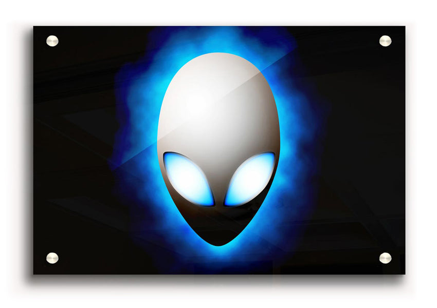 A vibrant blue acrylic print featuring an alien face design, showcasing modern art style.