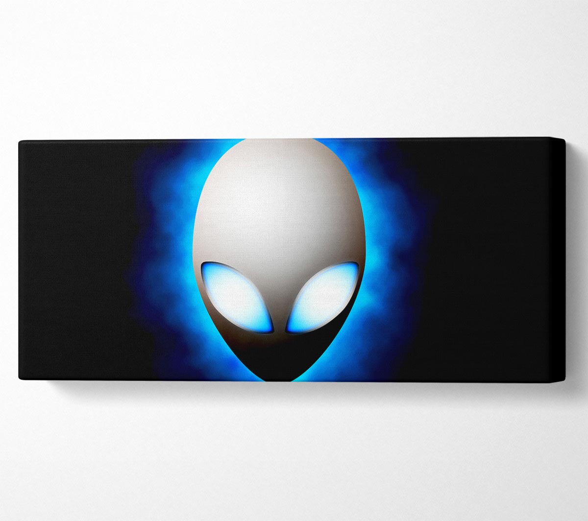 A vibrant blue canvas featuring an alien face design, mounted on a sturdy box frame, ready to hang.