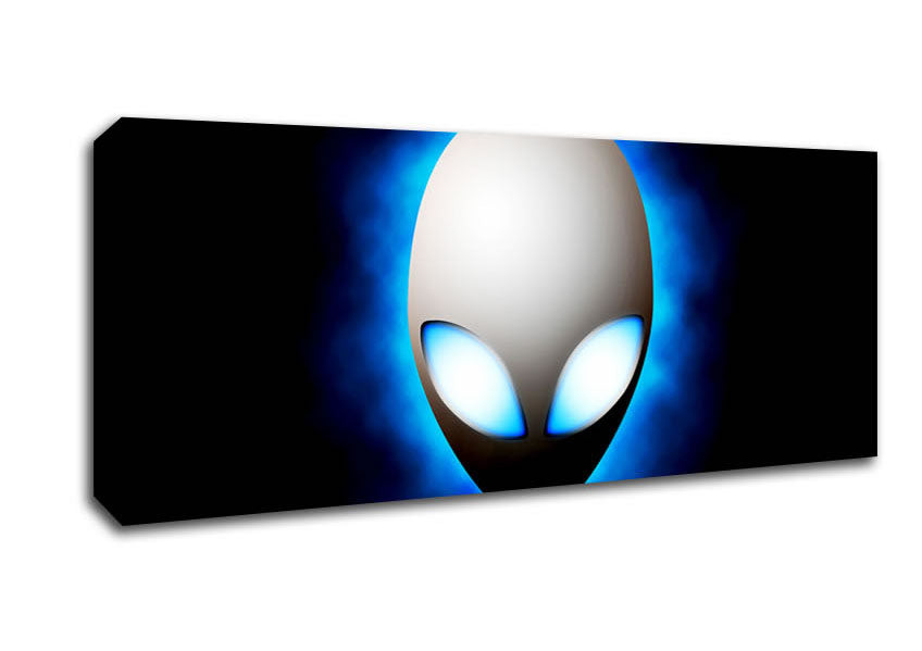 A vibrant blue canvas featuring an alien face design, mounted on a sturdy box frame, ready to hang.