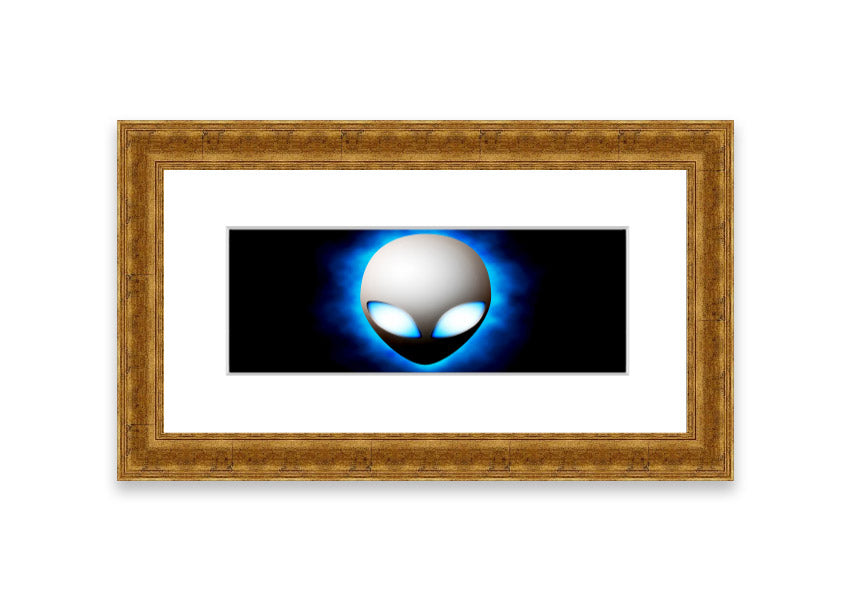 A vibrant framed print featuring an alien face design in blue, showcasing intricate details and available in various frame colors.