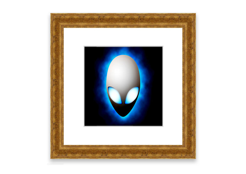 A vibrant framed print featuring an alien face design in blue, showcasing intricate details and available in various frame colors.