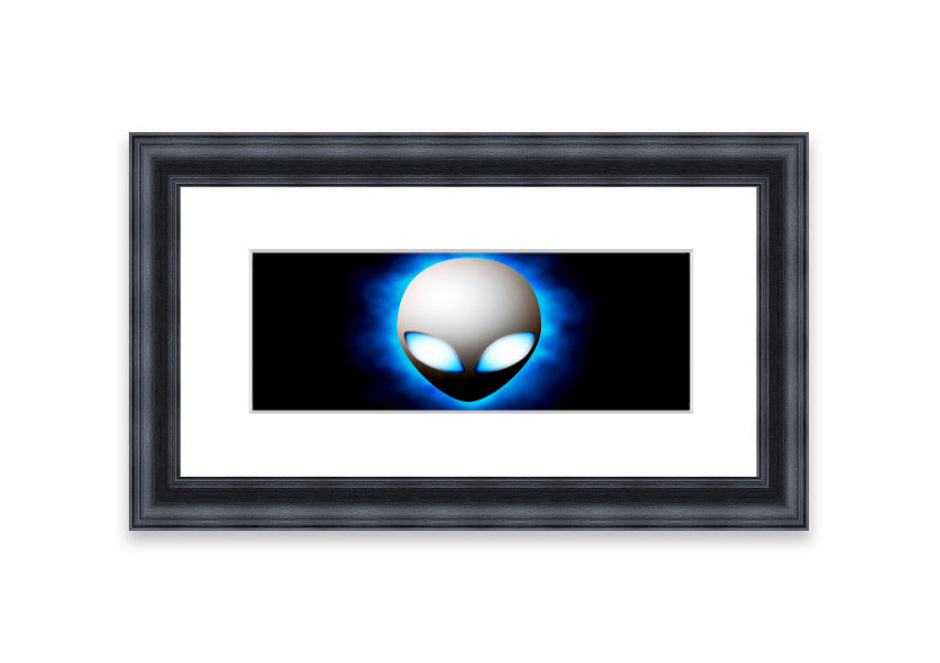 A vibrant framed print featuring an alien face design in blue, showcasing intricate details and available in various frame colors.