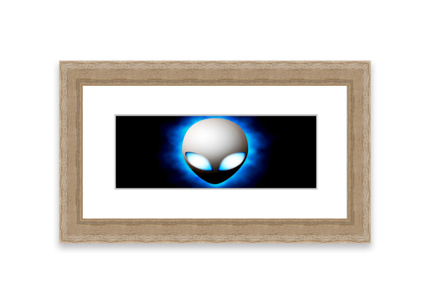 A vibrant framed print featuring an alien face design in blue, showcasing intricate details and available in various frame colors.