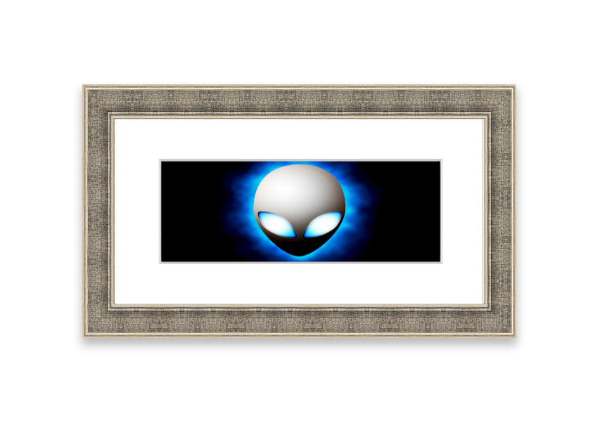 A vibrant framed print featuring an alien face design in blue, showcasing intricate details and available in various frame colors.