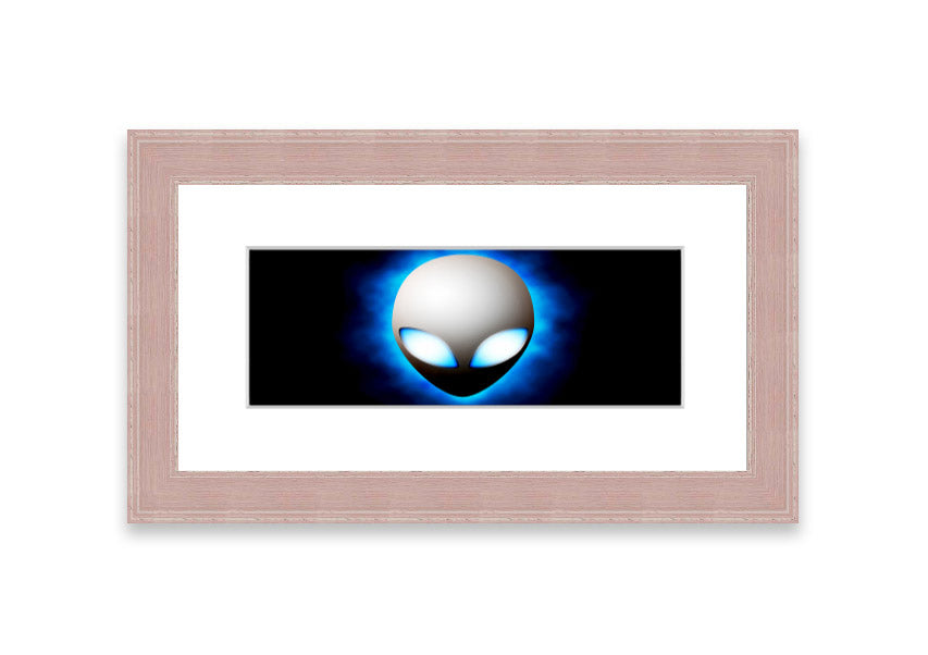 A vibrant framed print featuring an alien face design in blue, showcasing intricate details and available in various frame colors.