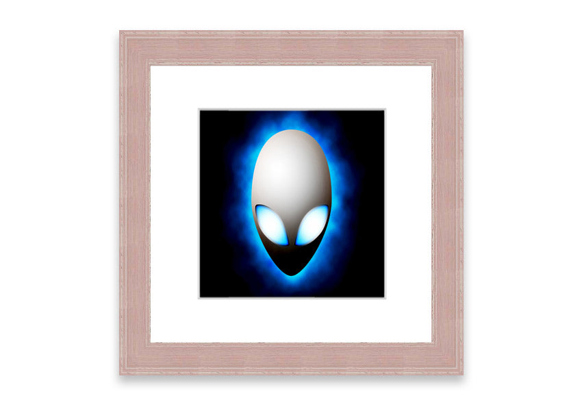 A vibrant framed print featuring an alien face design in blue, showcasing intricate details and available in various frame colors.