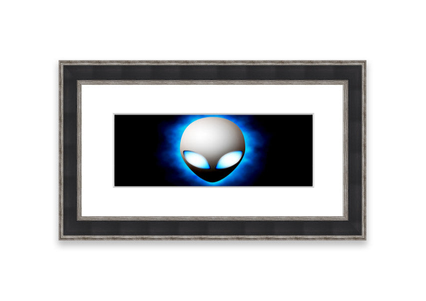 A vibrant framed print featuring an alien face design in blue, showcasing intricate details and available in various frame colors.