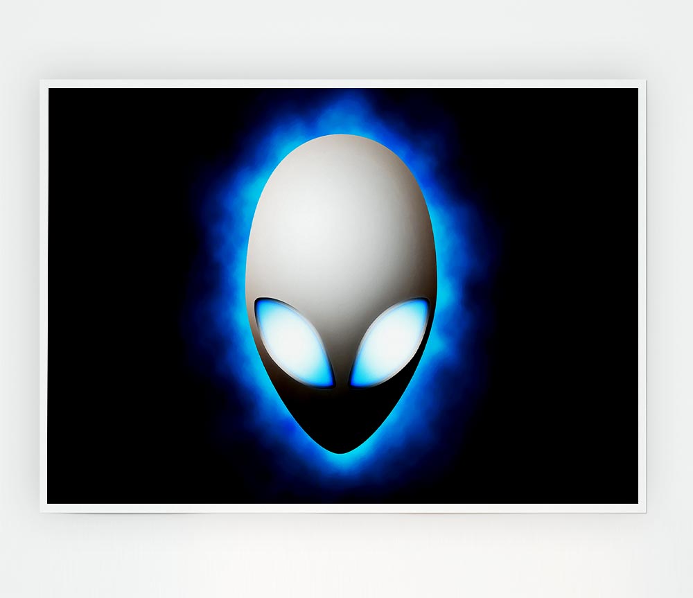 A vibrant blue canvas poster featuring an alien face design, perfect for home or office decor.