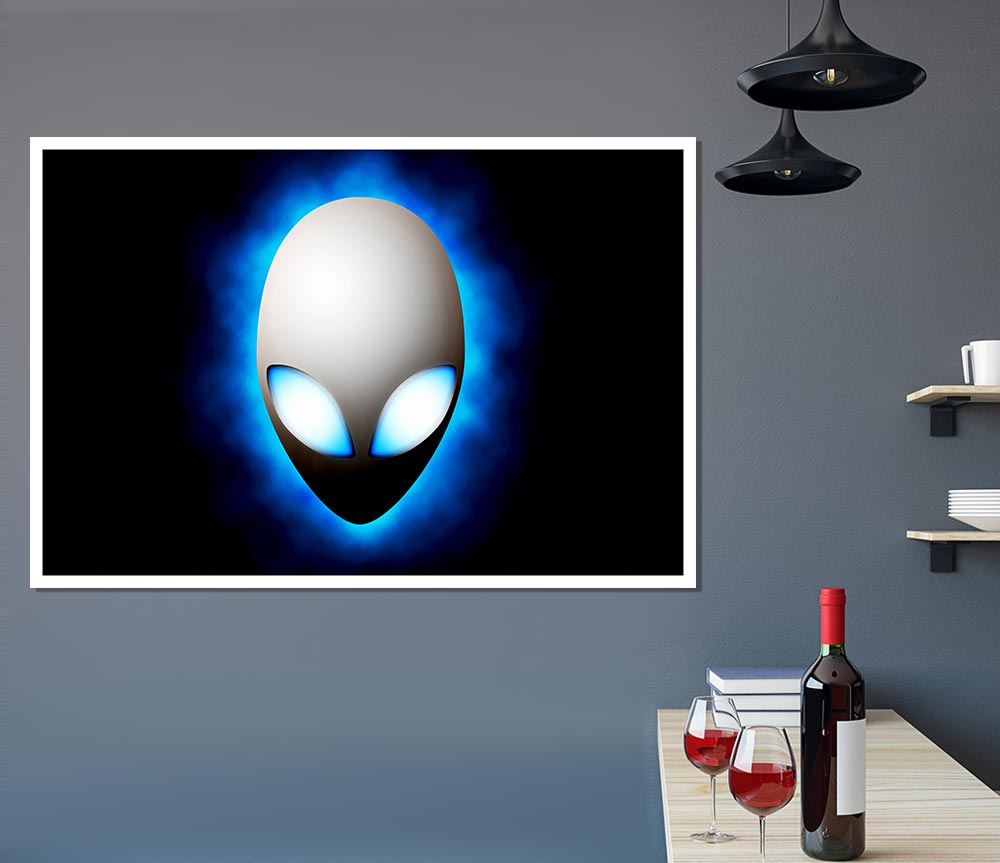 A vibrant blue canvas poster featuring an alien face design, perfect for home or office decor.