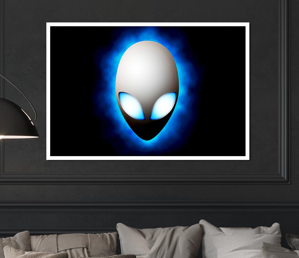 A vibrant blue canvas poster featuring an alien face design, perfect for home or office decor.