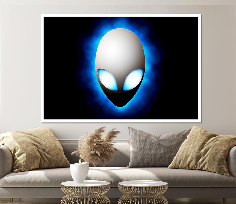 A vibrant blue canvas poster featuring an alien face design, perfect for home or office decor.