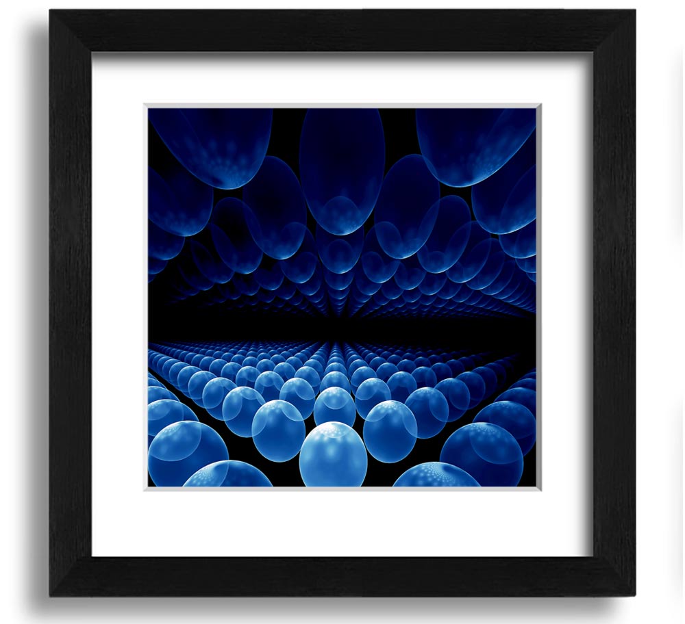 A vibrant blue framed print featuring alien life pods, showcasing intricate designs and available in various frame colors.