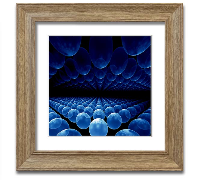 A vibrant blue framed print featuring alien life pods, showcasing intricate designs and available in various frame colors.