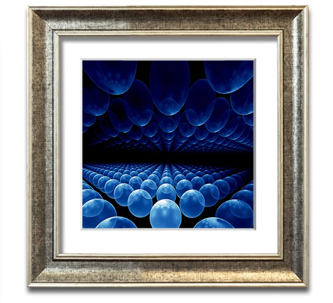 A vibrant blue framed print featuring alien life pods, showcasing intricate designs and available in various frame colors.