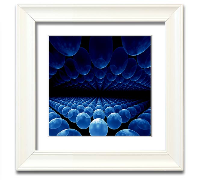 A vibrant blue framed print featuring alien life pods, showcasing intricate designs and available in various frame colors.