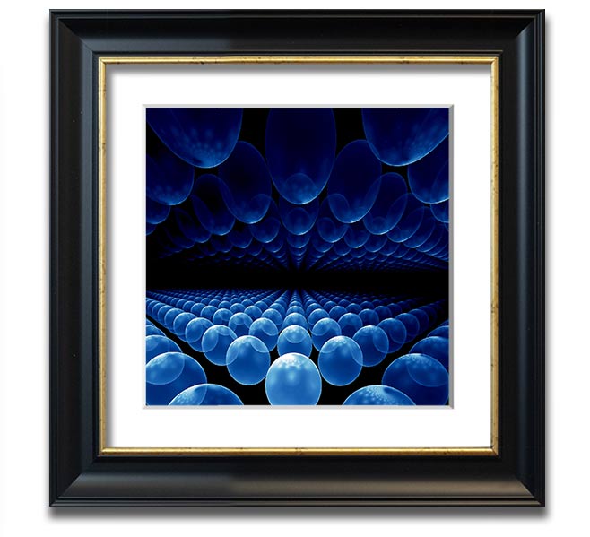 A vibrant blue framed print featuring alien life pods, showcasing intricate designs and available in various frame colors.