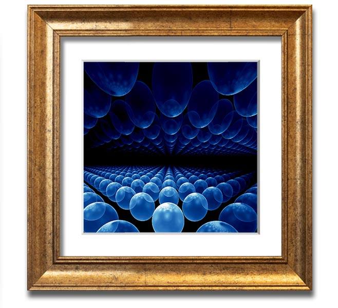 A vibrant blue framed print featuring alien life pods, showcasing intricate designs and available in various frame colors.