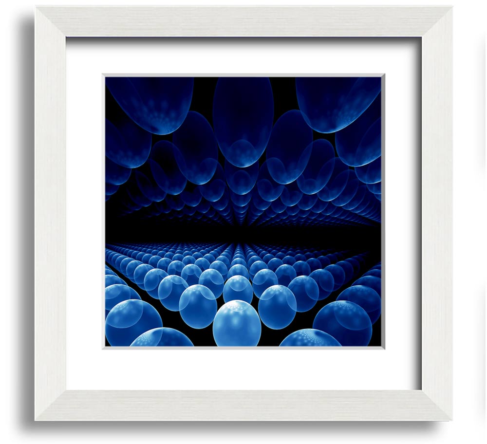 A vibrant blue framed print featuring alien life pods, showcasing intricate designs and available in various frame colors.