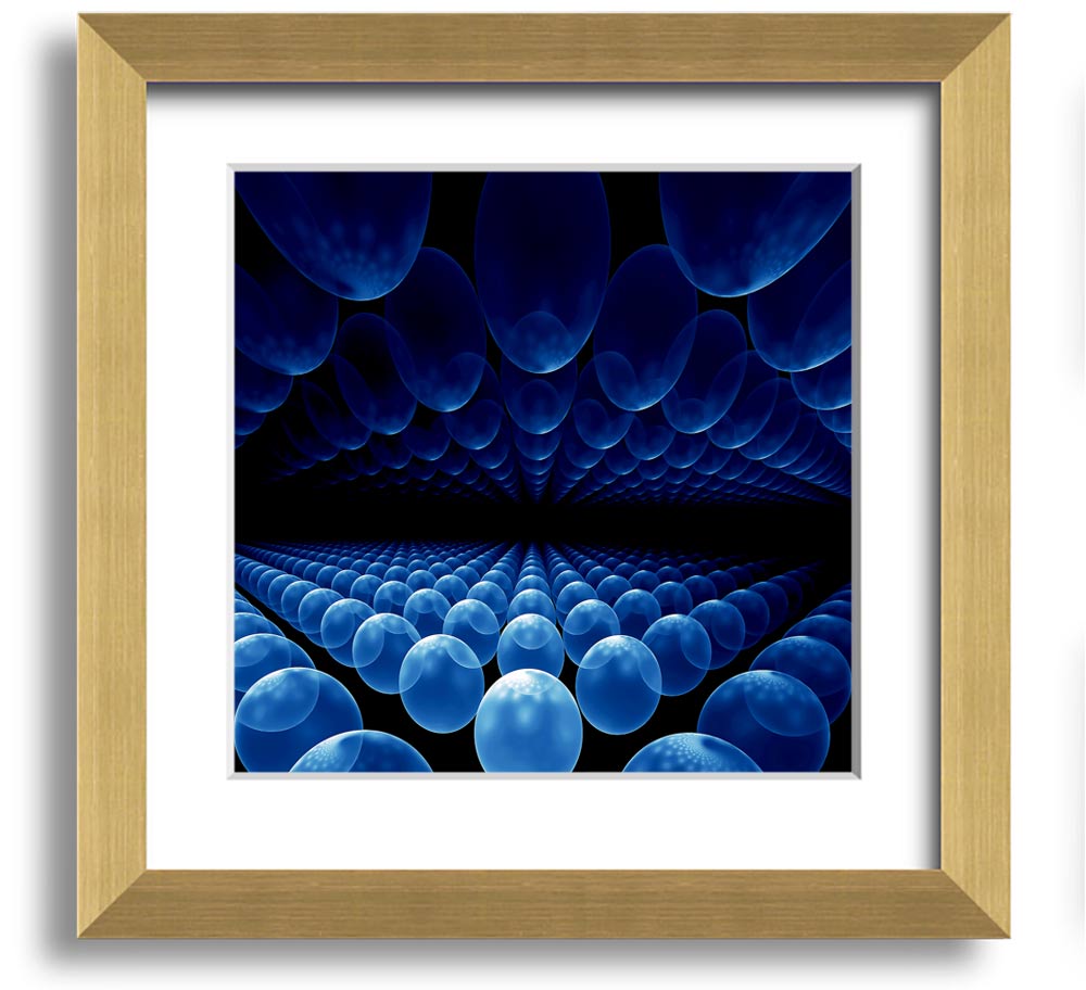 A vibrant blue framed print featuring alien life pods, showcasing intricate designs and available in various frame colors.