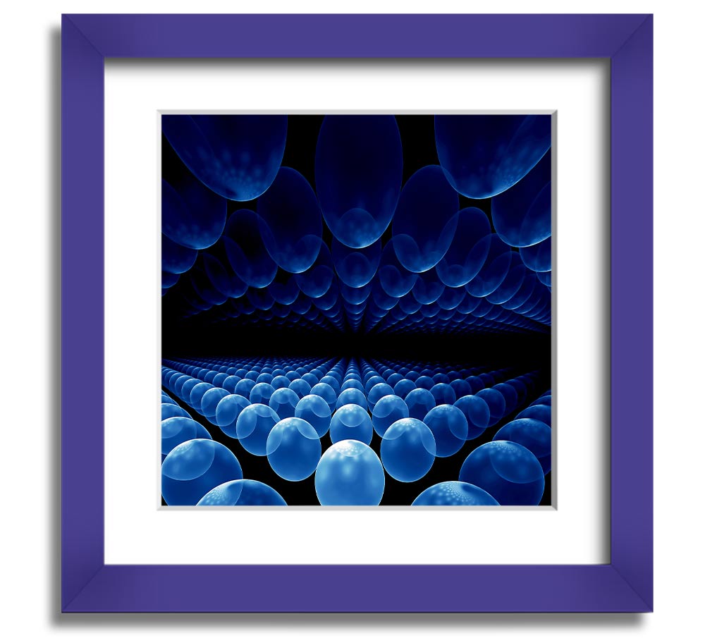 A vibrant blue framed print featuring alien life pods, showcasing intricate designs and available in various frame colors.